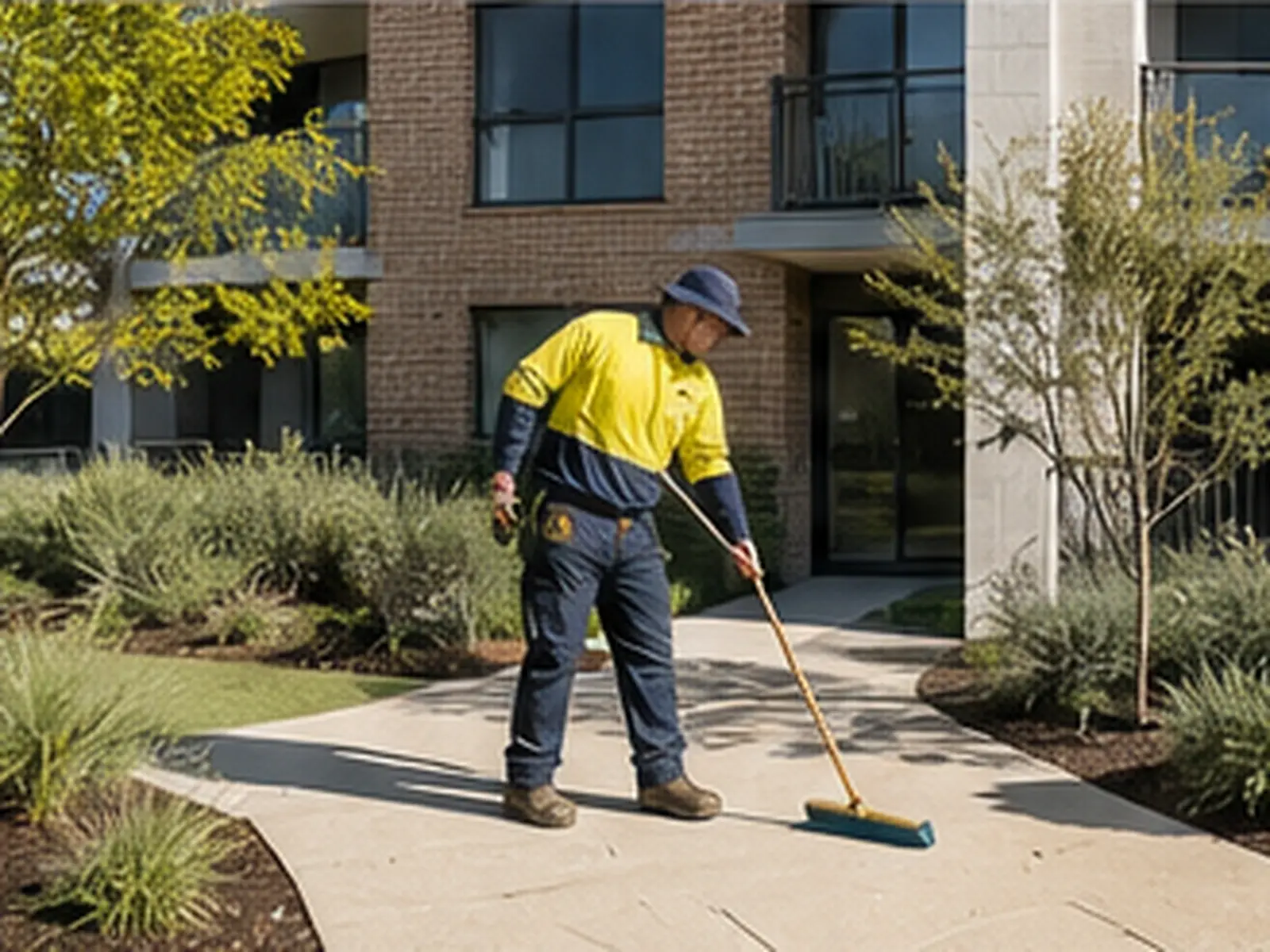 Maintenance worker sweeping the landscaped courtyard of an apartment building