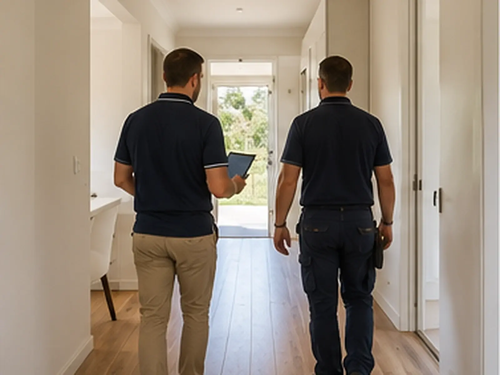 Property manager and tradesperson walking through an empty rental home during an inspection