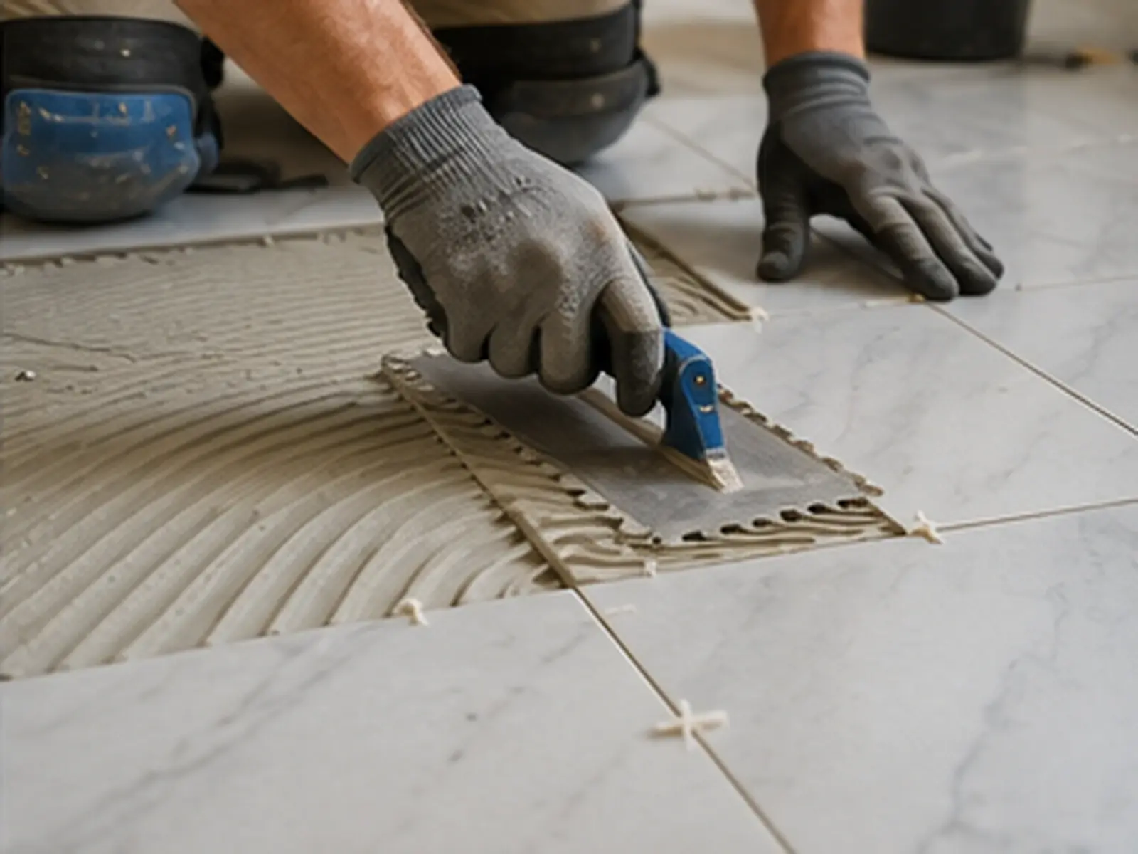 Gloved hands spreading tile adhesive with a notched trowel during bathroom tiling