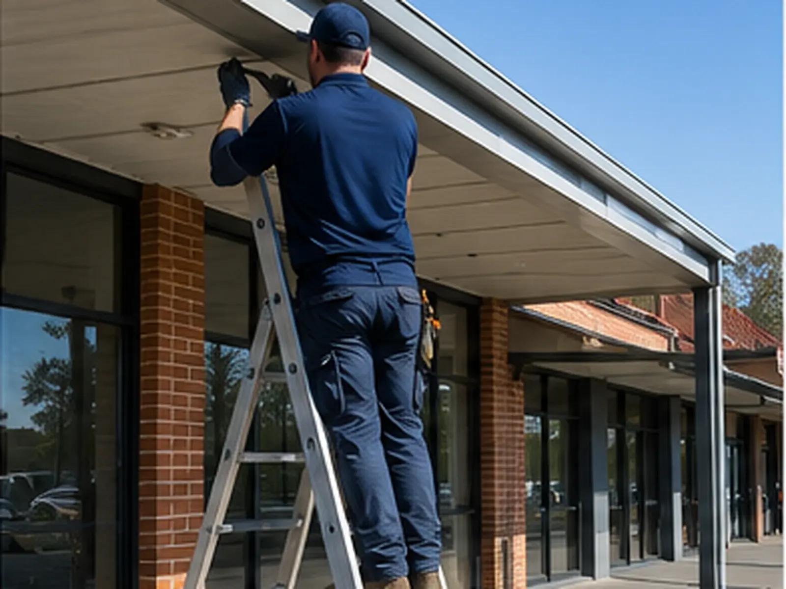 Maintenance worker on a ladder servicing the awning of a commercial shopfront