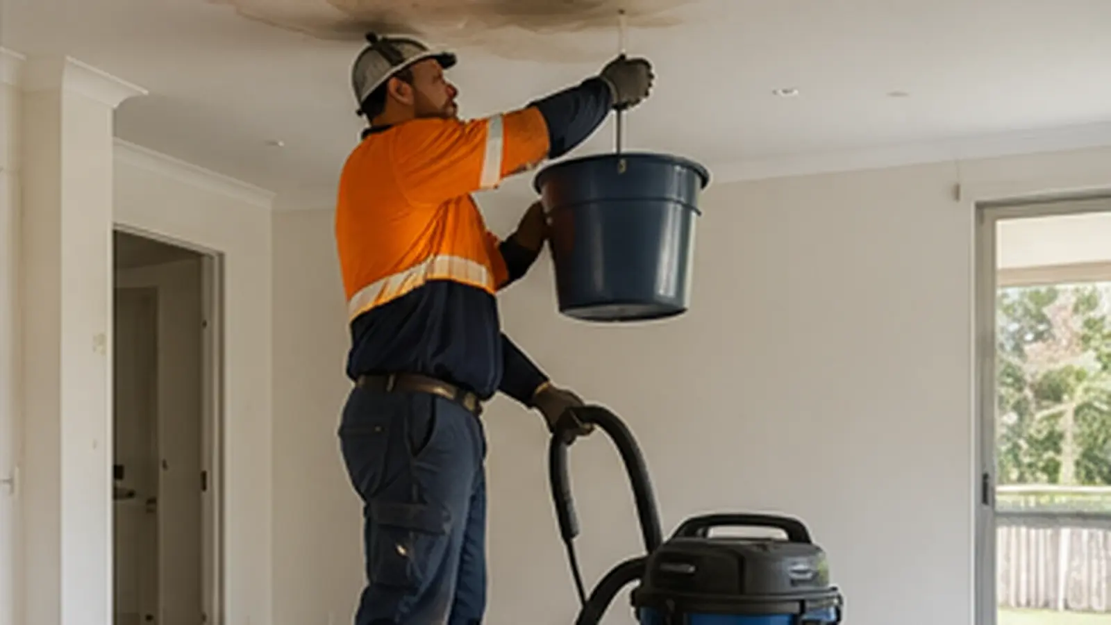 Worker in hi-vis containing a ceiling water leak with a bucket and wet vacuum
