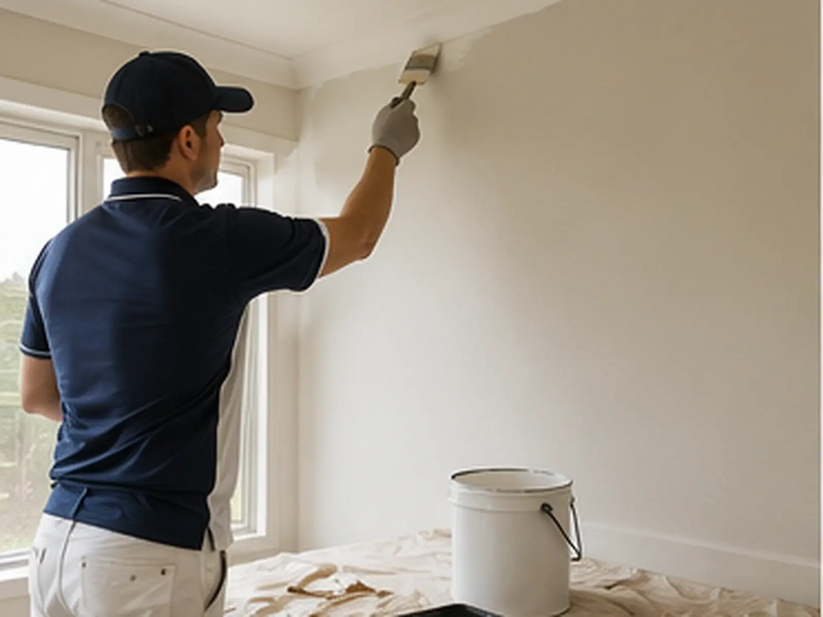 Painter cutting in a wall edge with a brush in a bright room