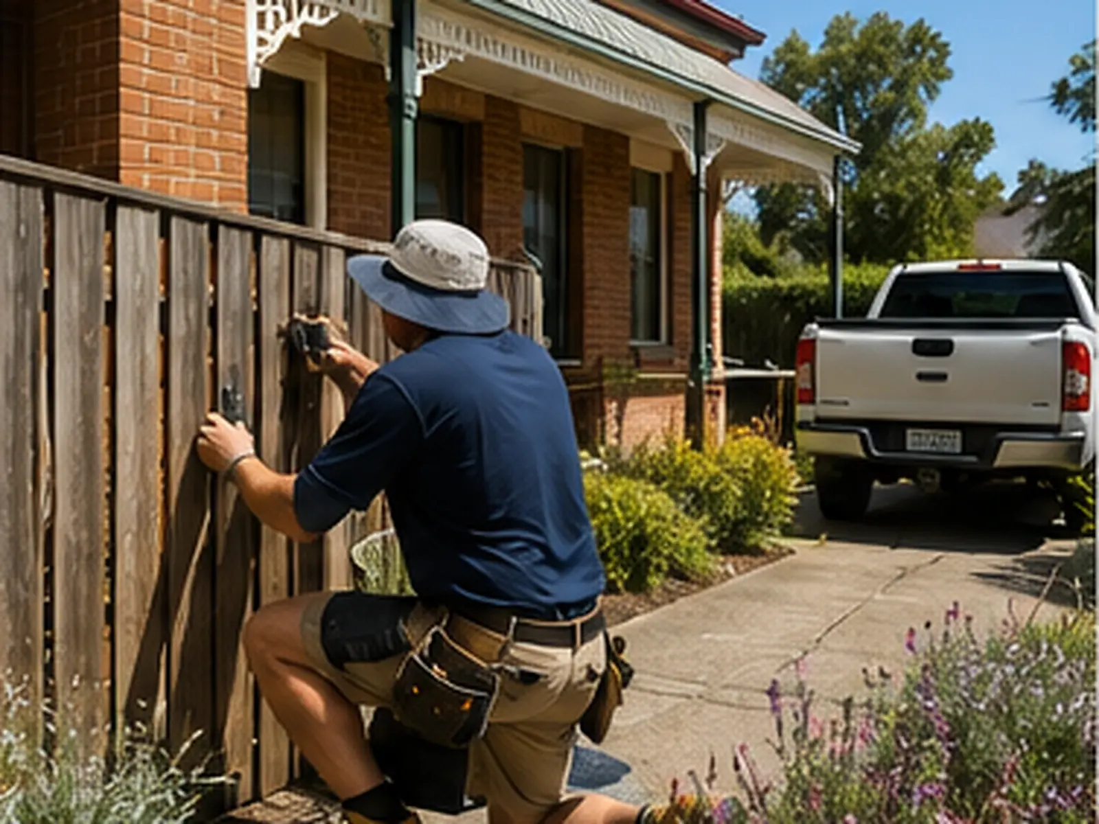 Tradesperson repairing a timber fence beside a brick home with a ute in the driveway